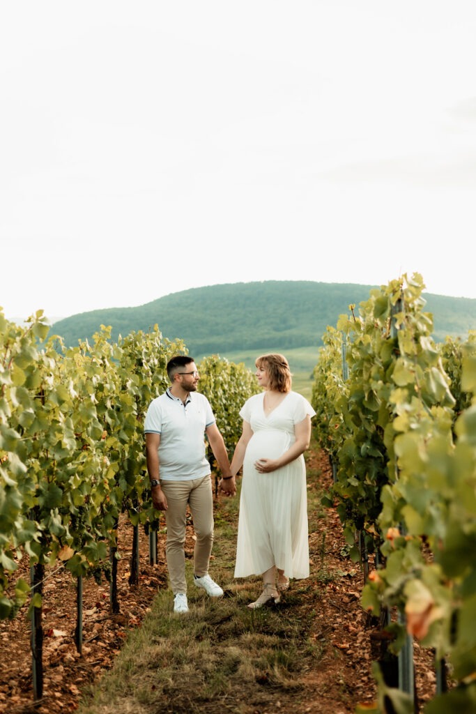 Séance photo grossesse en extérieur dans le vignoble du Bollenberg : futurs parents complices entre les rangs de vigne