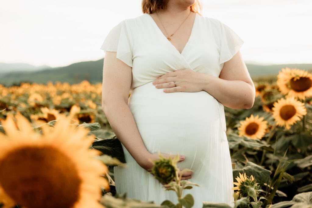 Séance maternité en extérieur dans un champ de tournesols en Alsace, golden hour au Bollenberg
