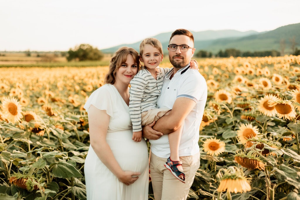 Séance maternité en famille en extérieur en Alsace : parents et grand frère dans un champ de tournesols au Bollenberg
