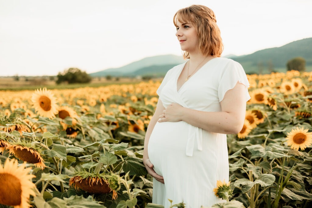 Séance maternité en extérieur dans un champ de tournesols au Bollenberg, portrait de future maman à la golden hour
